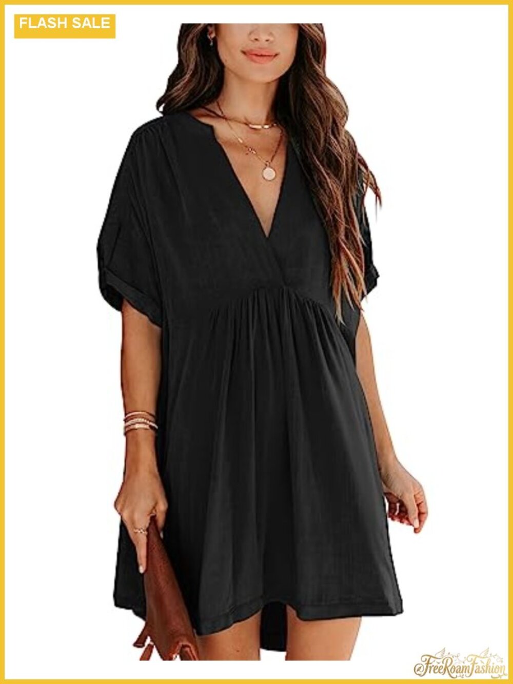 Women's V-Neck Babydoll Tunic Dress Short Sleeve Loose Casual